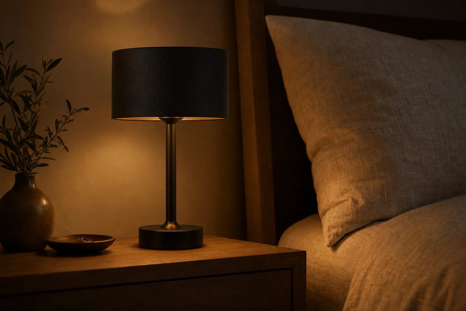 A Bord lamp lit warm on a nightstand in the evening